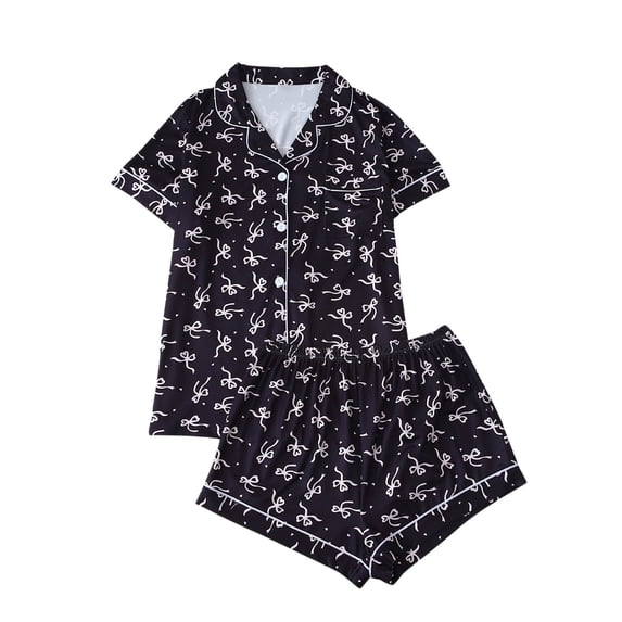 Hxshgdsn Womens Printed Pajamas Set Short Sleeve Tops And Elastic Shorts With Pocket Loungewear Black 8 S