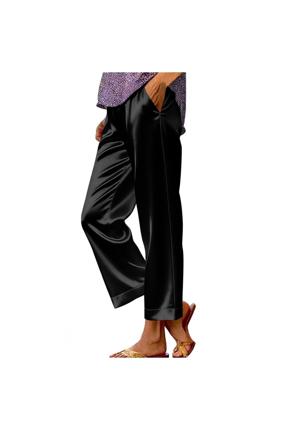 Womens Satin Silk Long Pants Summer Spring Elastic Waist Trousers Casual Business Trousers Black S