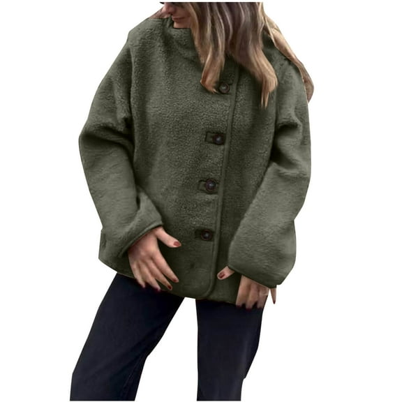 Hxshgdsn Womens Sherpa Fleece Warm Winter Jackets Casual Fuzzy Button Down Long Sleeve Coat Stand Collar Coats With Pocket Green 2Xl