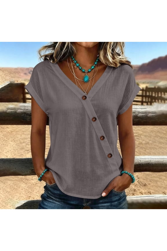 Womens Short Sleeve Blouse V Neck Wrap Front Button Rolled Casual Dailywear(Gray/M)