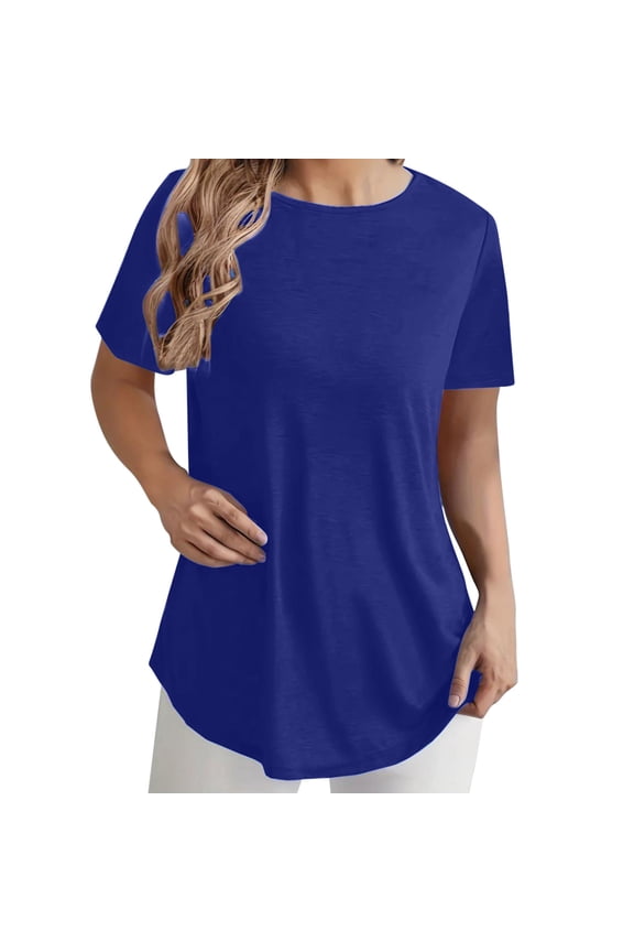 Womens Short Sleeve T Shirt Trendy Back Button Round Neck With Curved Hem Casual Tops Blue 2Xl