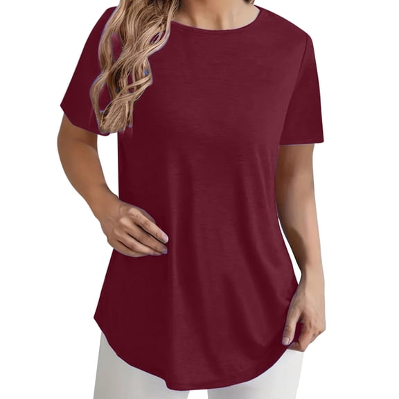 Hxshgdsn Womens Short Sleeve T Shirt Trendy Back Button Round Neck With Curved Hem Casual Tops Red L