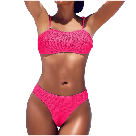 Hxshgdsn Womens Spaghetti Strap Swimsuit Two Piece High Waisted Ribbed Bikini Sets Hot Pink Xl