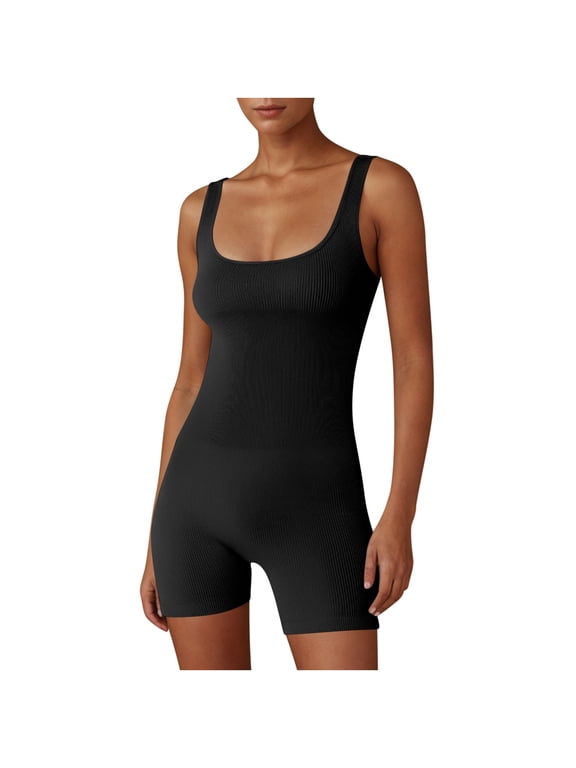 Womens Square Neck Sleeveless Ribbed Bodysuit Shorts Stretchy Slim Fit One Piece(Black/L)