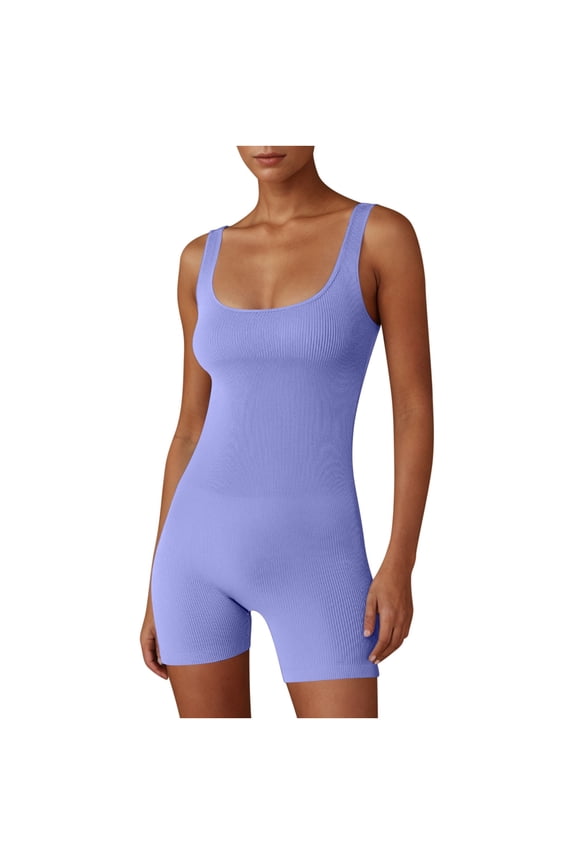 Womens Square Neck Sleeveless Ribbed Bodysuit Shorts Stretchy Slim Fit One Piece(Purple/2XL)