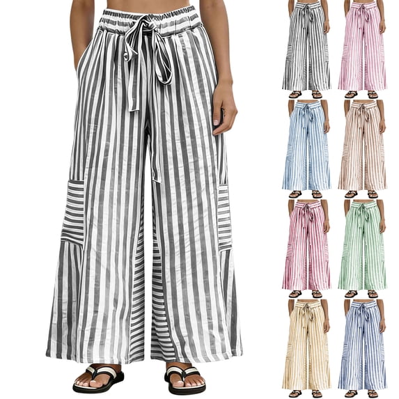 Hxshgdsn Womens Striped Wide Leg Linen Pants Elastic Drawstring Waist Long Pants with Pockets for Casual Lounge Pant(Black/L)