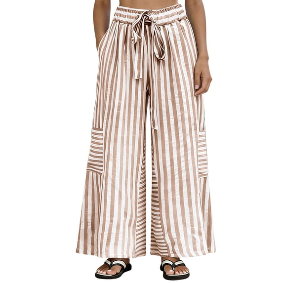 Hxshgdsn Womens Striped Wide Leg Linen Pants Elastic Drawstring Waist Long Pants with Pockets for Casual Lounge Pant(Brown/XL)