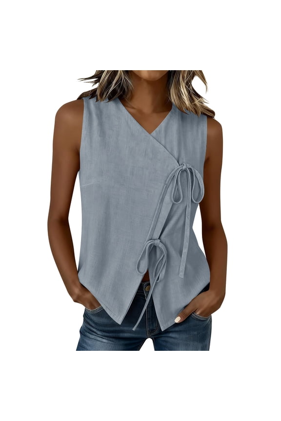 Womens Summer Casual Blouse V-Neck Sleeveless Wrap Front Tie Waist Sleeveless Side Tie Top Everyday Wear（Gray/S）