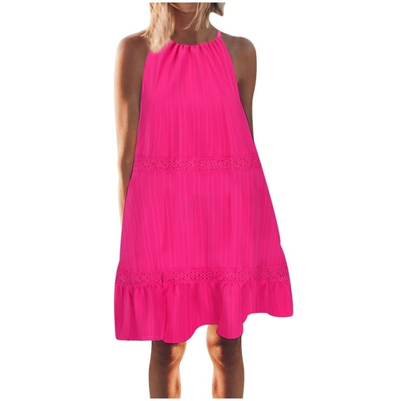 Hxshgdsn Womens Summer Casual Halter Dress Sleeveless Ruffle Flowy Beach Sun Dress Loose Swing Pleated Solid Flowy Tiered Mini Dress,Hot Pink,S