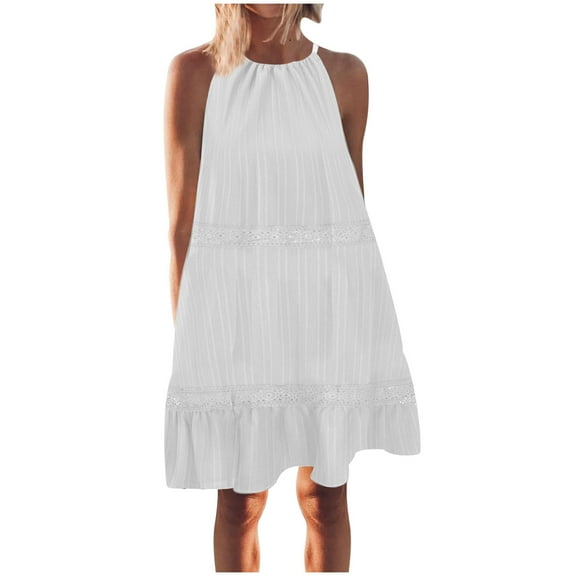 Hxshgdsn Womens Summer Casual Halter Dress Sleeveless Ruffle Flowy Beach Sun Dress Loose Swing Pleated Solid Flowy Tiered Mini Dress,White,L