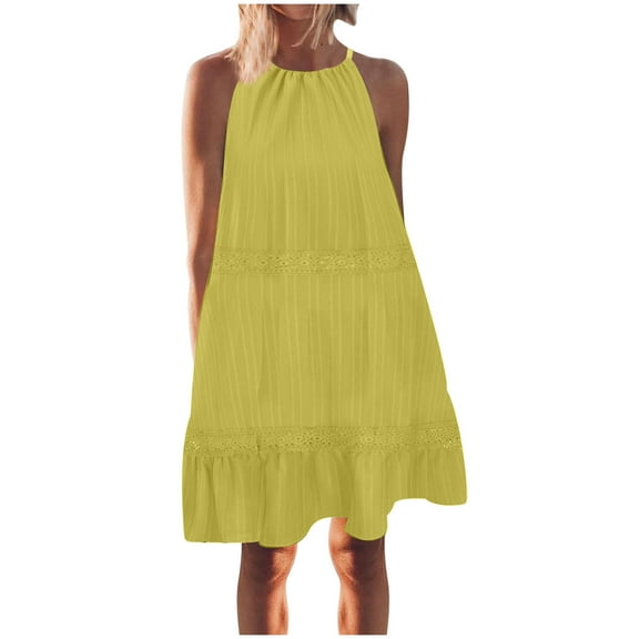 Hxshgdsn Womens Summer Casual Halter Dress Sleeveless Ruffle Flowy Beach Sun Dress Loose Swing Pleated Solid Flowy Tiered Mini Dress,Yellow,S