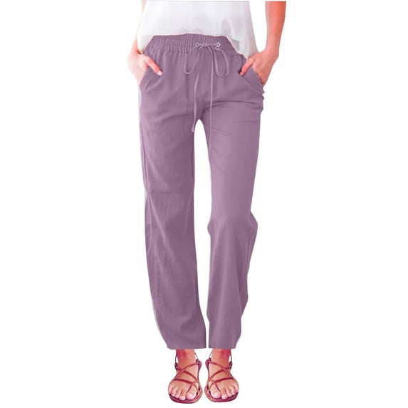 Hxshgdsn Womens Summer Linen Casual Pants High Waist Drawstring Elastic Waist Loose Fit Straight Leg Trousers with Pockets for Daily(Purple/S)