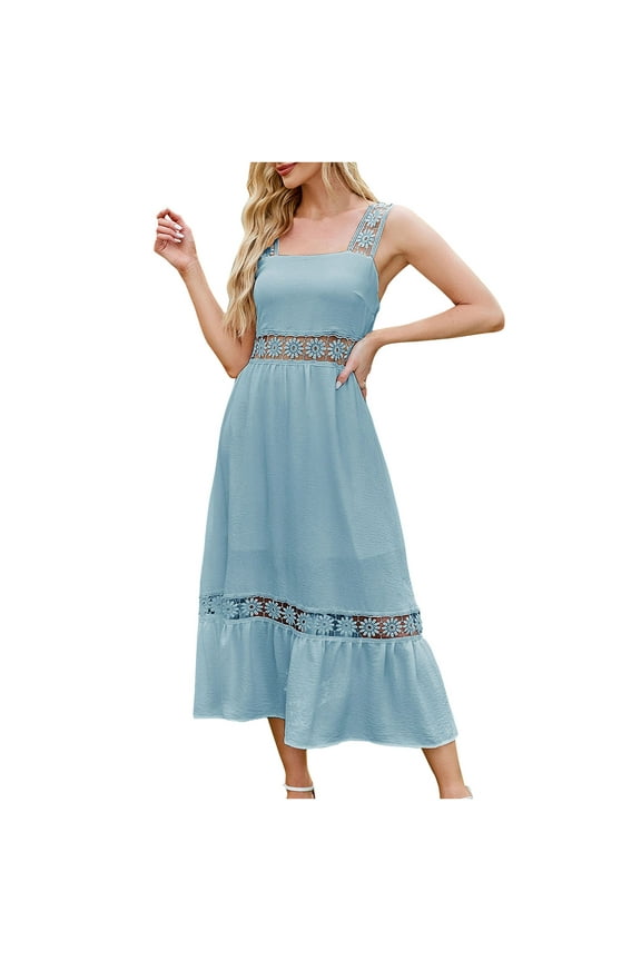 Womens Tank Dress 2025 Fashion Eyelet Embroidery Square Neck Loose Fit Summer Flowy Dress Casual Sleeveless Ruffle Hem Maxi Dress,Blue,M