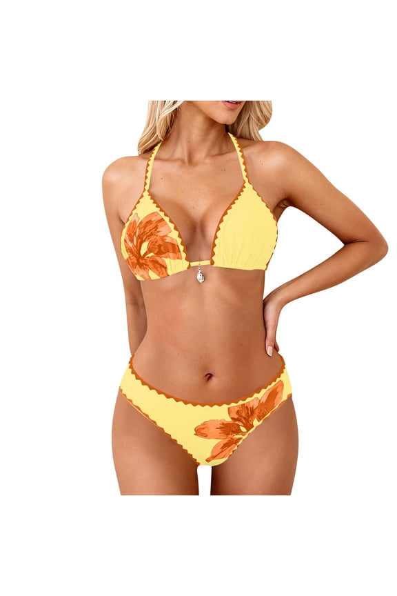 Womens Thong Bikini Sets Halter String Micro Swimsuit Floral Printed Bathing Suit Skinny Outfit Yellow S