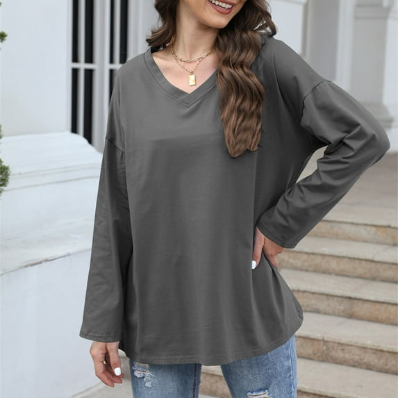Hxshgdsn Womens Tops Ladies' Casual Quarter Sleeve V-Neck Solid Color Top Shirt Fall Outfits For Women 2025 Dark Gray Xxl