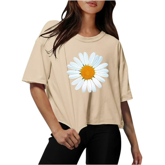 Hxshgdsn Womens Tops Plus Size Workout Crop Half Sleeve Crewneck Drop Shoulder Print T Shirts Summer Fall Casual Loose Solid Basic Tees Blouse(Khaki/M)