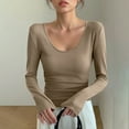 thumbnail image 1 of Hxshgdsn Womens Tops Women's Long Sleeve Shirt 2025 Collar-Bottom Casual Essentials Fall Outfits For&nbsp;Women&nbsp;2025 Khaki M, 1 of 5