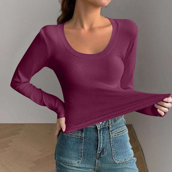 Hxshgdsn Womens Tops Women's Long Sleeve Shirt 2025 Collar-Bottom Casual Essentials Fall Outfits For Women 2025 Purple S