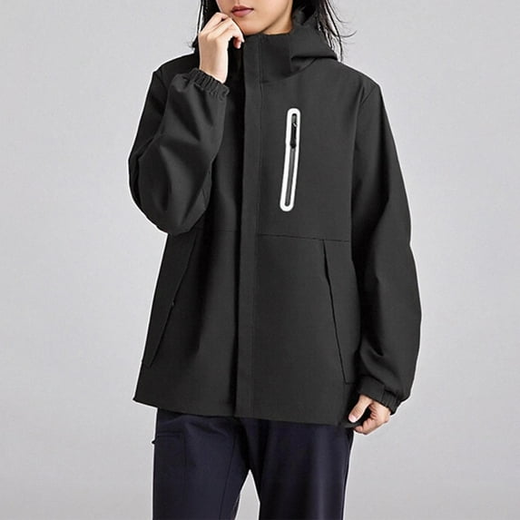 Hxshgdsn Womens Tops Women's Solid Color Zipper Pocket Parka Outwear Waterproof And Windproof Outdoors Long Sleeved Hooded Jacket Fall Outfits For Women 2025 Black Xxl
