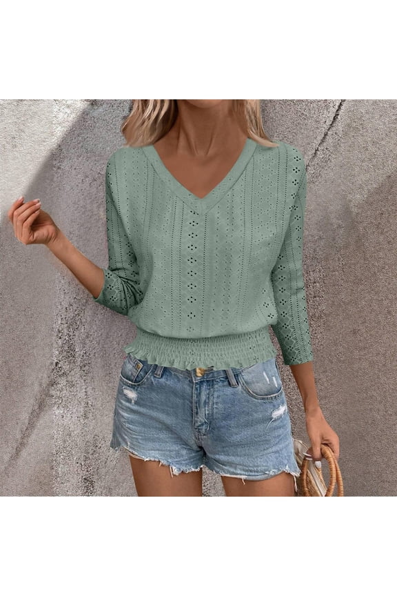 Womens Tops Women's V-Neck Blouse 2025 3/4 Sleeve Solid Color Summer Chic Essentials Fall Outfits For&nbsp;Women&nbsp;2025 Army Green M