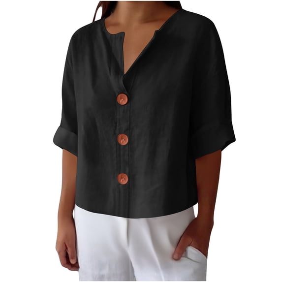 Hxshgdsn Womens V Neck Blouse Button Down Short Sleeve Casual Cardigan Summer Vacation (Black/M)