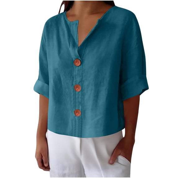 Hxshgdsn Womens V Neck Blouse Button Down Short Sleeve Casual Cardigan Summer Vacation (Blue/2XL)