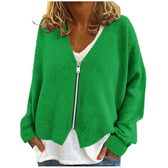 Hxshgdsn Womens V Neck Cardigans Sweaters Long Sleeve Blazer Peplum Knit Open Front Jacket Green S