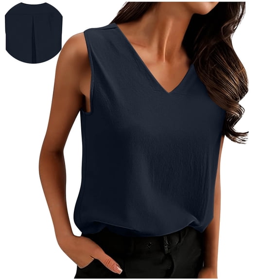 Hxshgdsn Womens V Neck Dress Tops Sleeveless Trendy Solid Color Pullover Vest Workwear Navy L