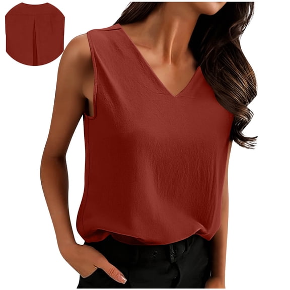Hxshgdsn Womens V Neck Dress Tops Sleeveless Trendy Solid Color Pullover Vest Workwear Red Xl
