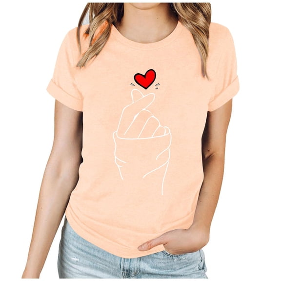 Hxshgdsn Womens Valentines Shirt Crew Neck Short Sleeve Tees Graphic Heart Printed Soft Lover Gift Blouse Tops Beige 5 L