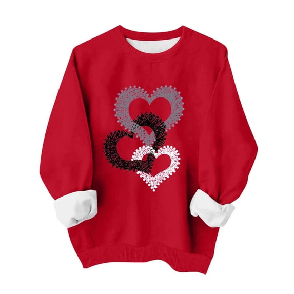 Hxshgdsn Womens Valentines Sweatshirt Cute Heart Graghic Crew Neck T Shirt Fleece Warm Tops Red 1 Xl