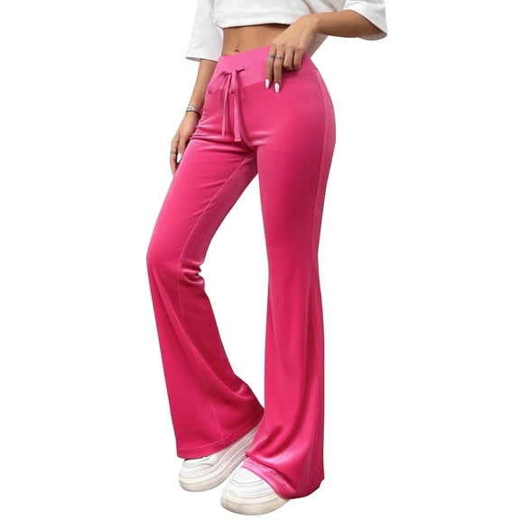 Hxshgdsn Womens Velvet Flared Long Pants Elastic Waist Sweatpants With Drawstring Trendy Streetwear Pink S