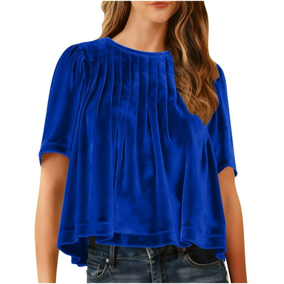 Hxshgdsn Womens Velvet Peplum Babydoll Shirts Short Sleeve Crewneck Pleated Blouse Flared Swing Pullover Tops Casual Trendy Blue S