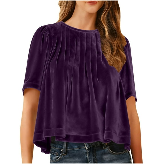 Hxshgdsn Womens Velvet Peplum Babydoll Shirts Short Sleeve Crewneck Pleated Blouse Flared Swing Pullover Tops Casual Trendy Purple L