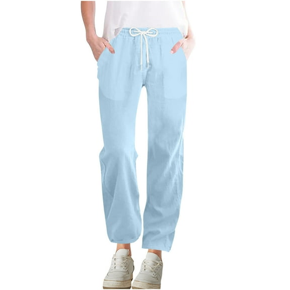 Hxshgdsn Womens Wide Leg Pants Drawstring Elastic High Waist Casual Loose Straight Leg Yoga Sports Pants with Pockets,Blue,2XL