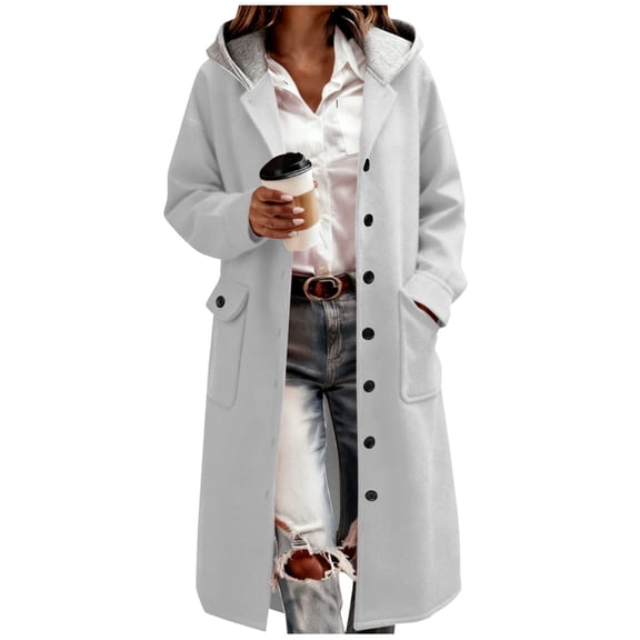 Hxshgdsn Womens Winter Hooded Peacoat Single Breasted Long Wool Casual Coat Formal Office Wool Overcoat With Pocket Gray Xl