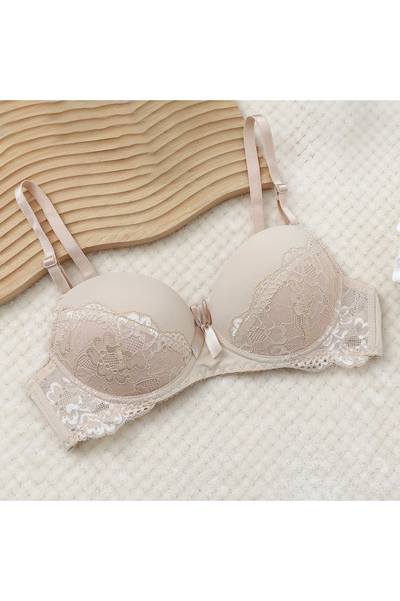 Womens Wireless Lace Bras Spaghetti Strap Light Push Up Balconette Bra Everyday Wear(Khaki/M)