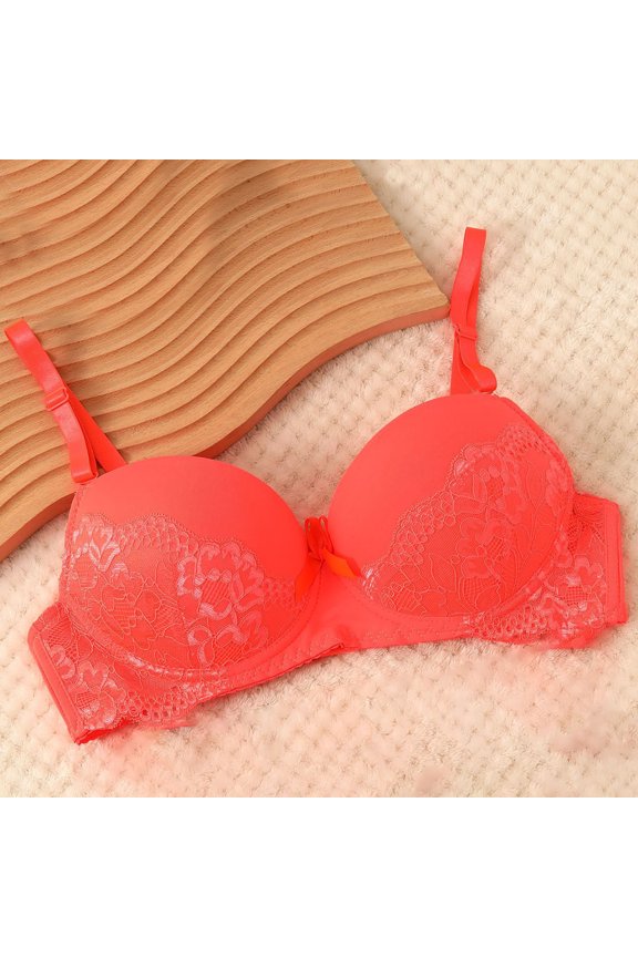 Womens Wireless Lace Bras Spaghetti Strap Light Push Up Balconette Bra Everyday Wear(Orange/2XL)