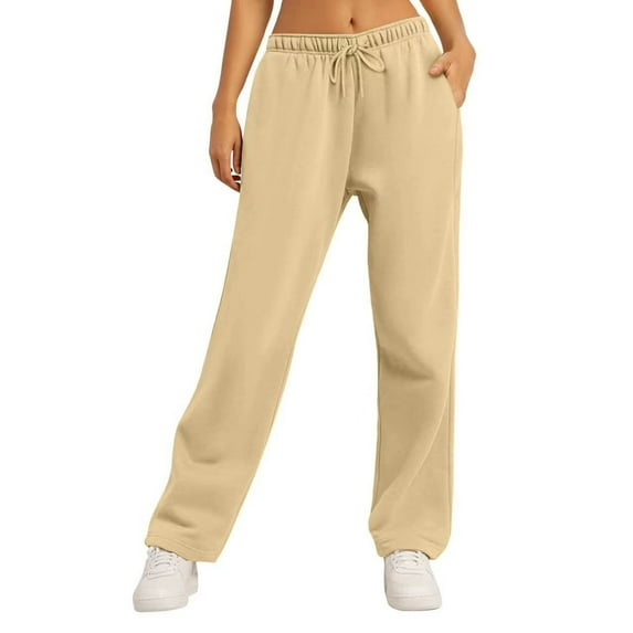 Hxshgdsn Womens Yoga Sweatpants Drawstring Wide Leg High Waisted Straight Loose Casual Solid Color Jogger Sports Pants with Pockets,Khaki,2XL