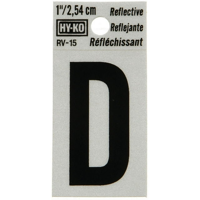 Hy-Ko RV-15/D Reflective Adhesive Vinyl Letter D Sign, 1&quot;, Black/Silver