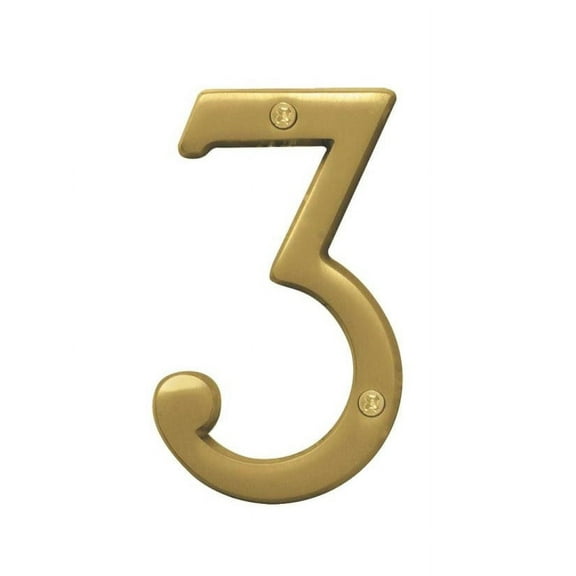 Hy-Ko Solid Brass Number 3 - Brushed Brass Finish, Weather-Resistant - 4 In, Gold