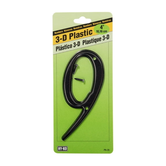 Hy-Ko 4 Inch House Address Number 9, Black Textured Plastic with Nails Included