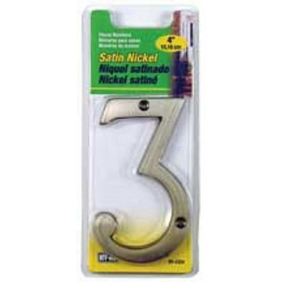 Hy-Ko 4 inch Satin Nickel House Number 3, Prestige Series, Includes Mounting Hardware