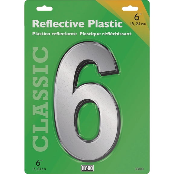 Hy-Ko 6 Classic Reflective Plastic House Number, Modern Raised Numbers for Exterior House, Durable Convenient Marking for Home Address with Included Mounting Hardware for Simple Installation