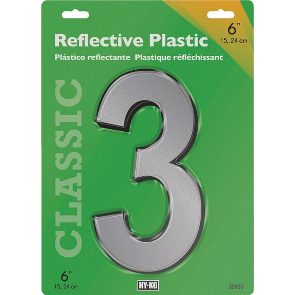 Hy-Ko 6 Classic Reflective Plastic House Number, Modern Raised Numbers for Exterior House, Durable Convenient Marking for Home Address with Included Mounting Hardware for Simple Installation