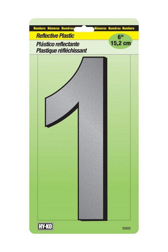 Reflective Plastic Number 1 - Screw-In, Black, Silver - 1 Piece, 6 Inch