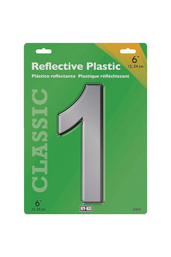 Reflective Plastic Number 1 - Screw-In, Black, Silver - 1 Piece, 6 Inch