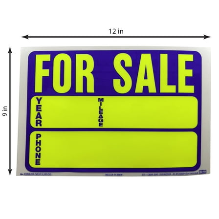 Hy-Ko 9” x 12” Auto for Sale Static Yellow Cling Sign, Vinyl Peel and Stick, Removable, Text Box
