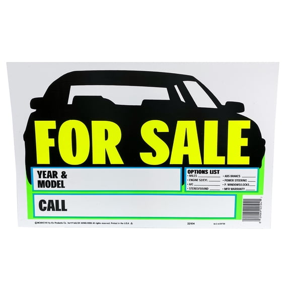 Hy-Ko Car For Sale With Options Sign, 9 x 14 inch, Text Box for Year, Make and Phone Number