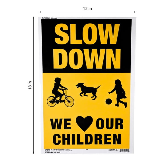 Hy-Ko Plastic Slow Down Children Playing Sign, 12” x 18”, Bright Yellow